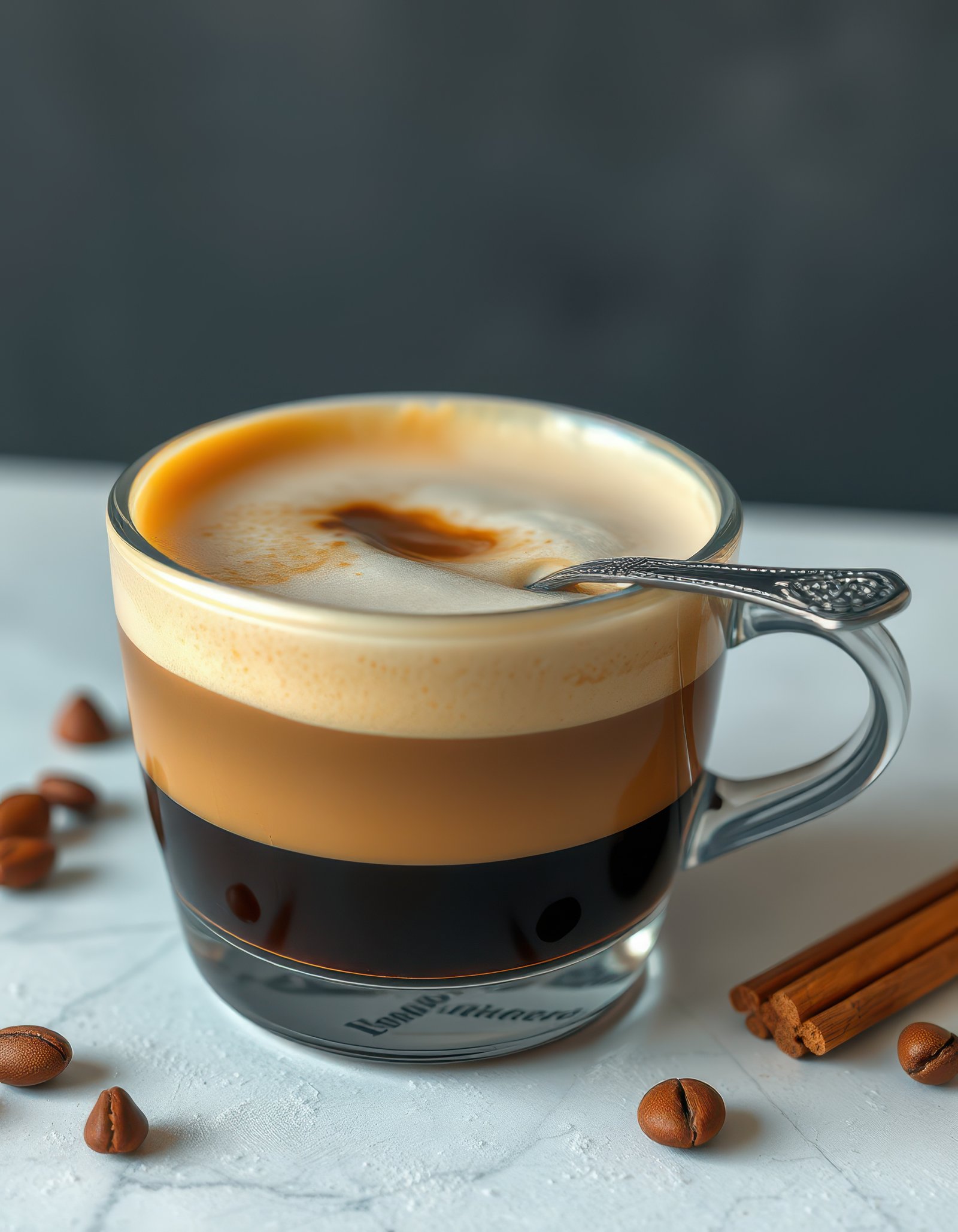 Rich layered coffee beverage served in a clear glass cup with a silver spoon and cinnamon sticks beside it